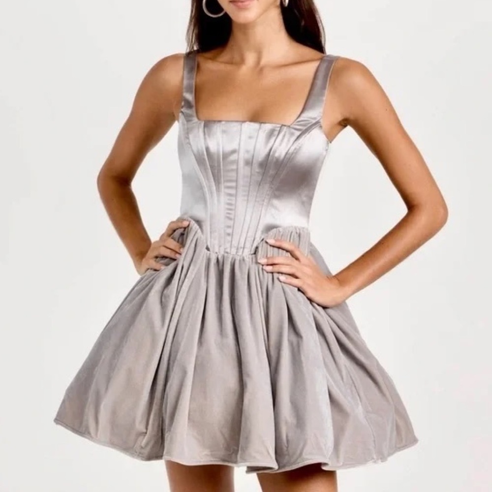 STAUD Landscape Silver Mini Dress Velvet Gray Tulle - Picture 1 of 9